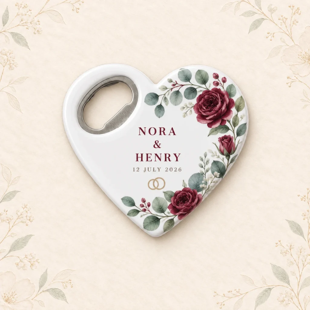 Burgundy rose heart wedding bottle opener magnet personalized for Nora and Henry