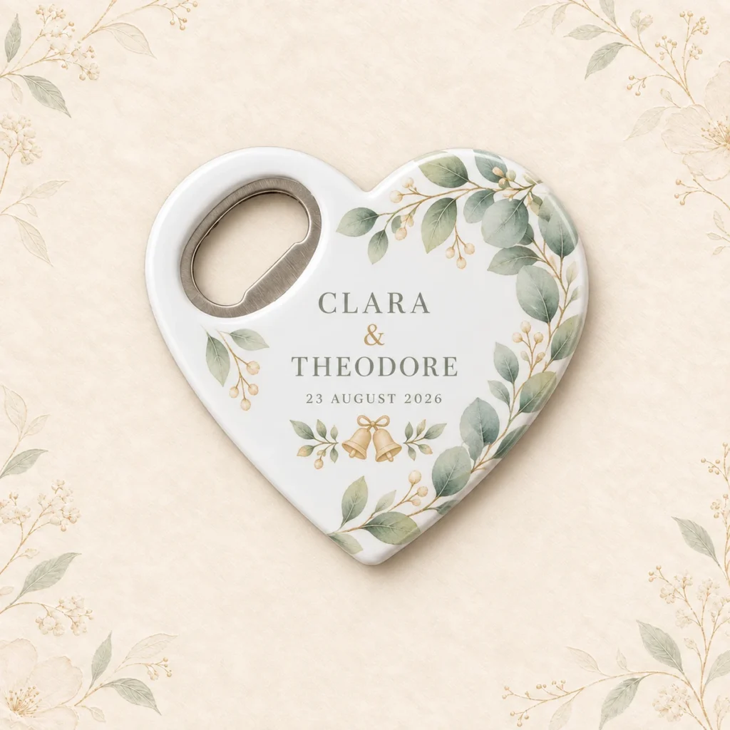 Sage botanical heart wedding bottle opener magnet personalized for Clara and Theodore
