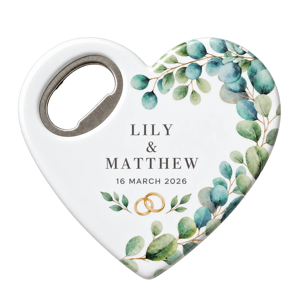 Personalized heart-shaped wedding bottle opener magnet with botanical detail