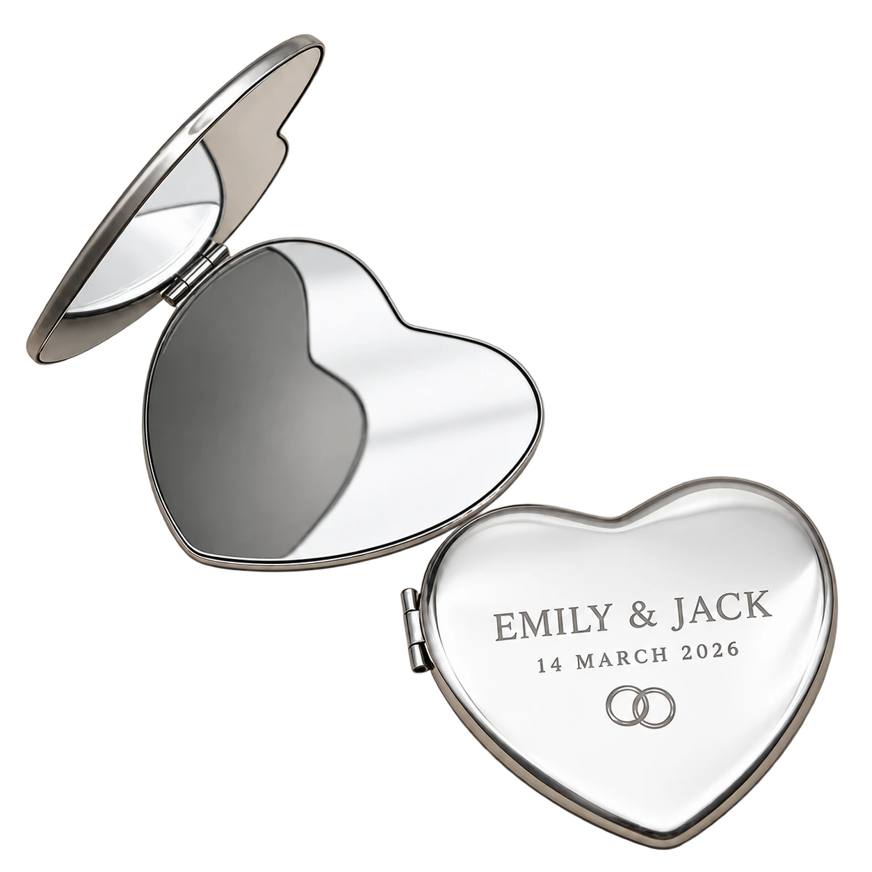 Heart compact mirror for Emily and Jack dated 14 March 2026
