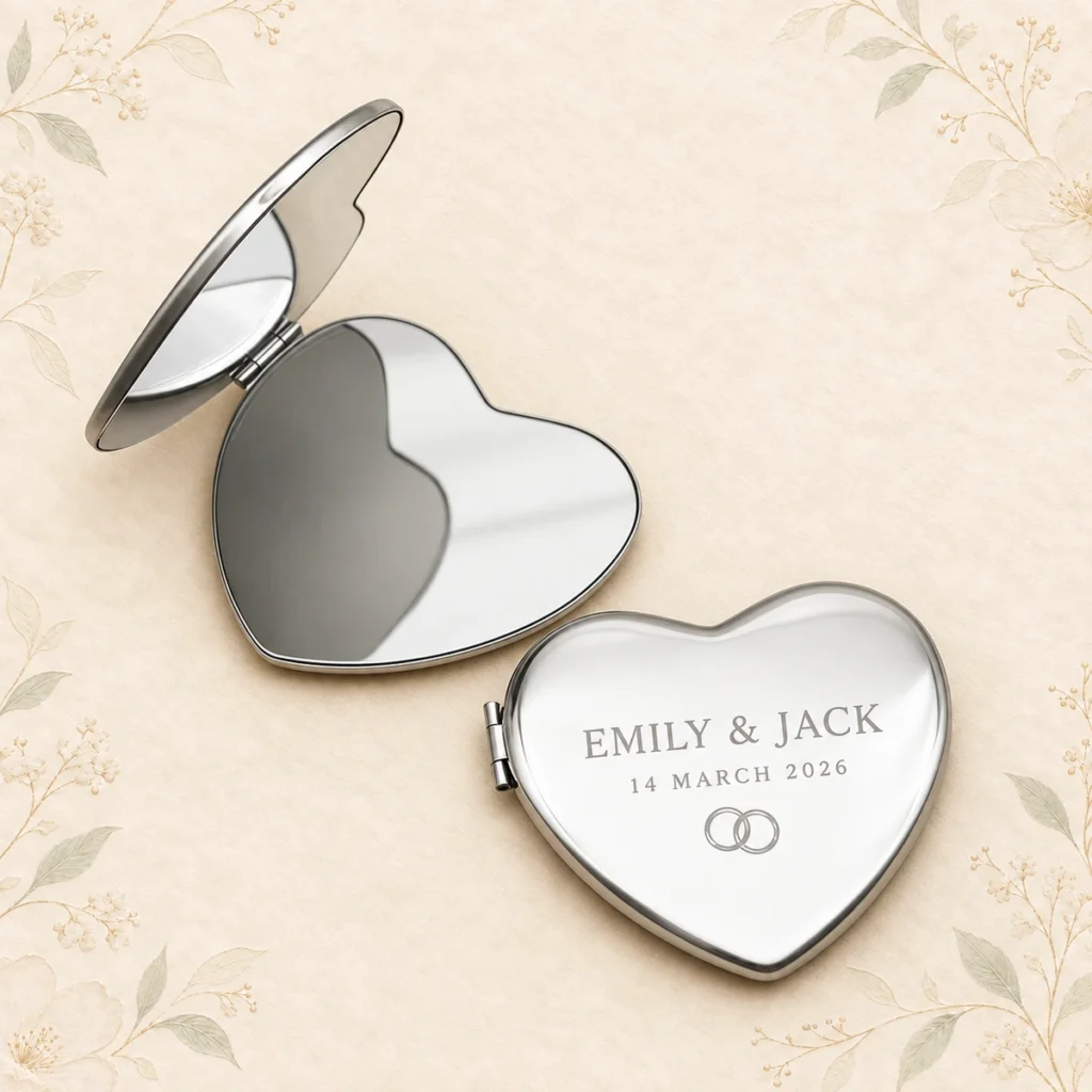 Heart compact mirror for Emily and Jack dated 14 March 2026