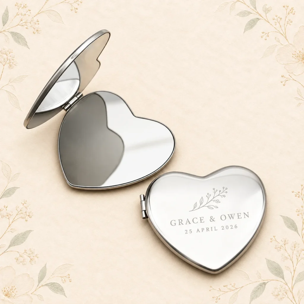 Heart compact mirror for Grace and Owen dated 25 April 2026