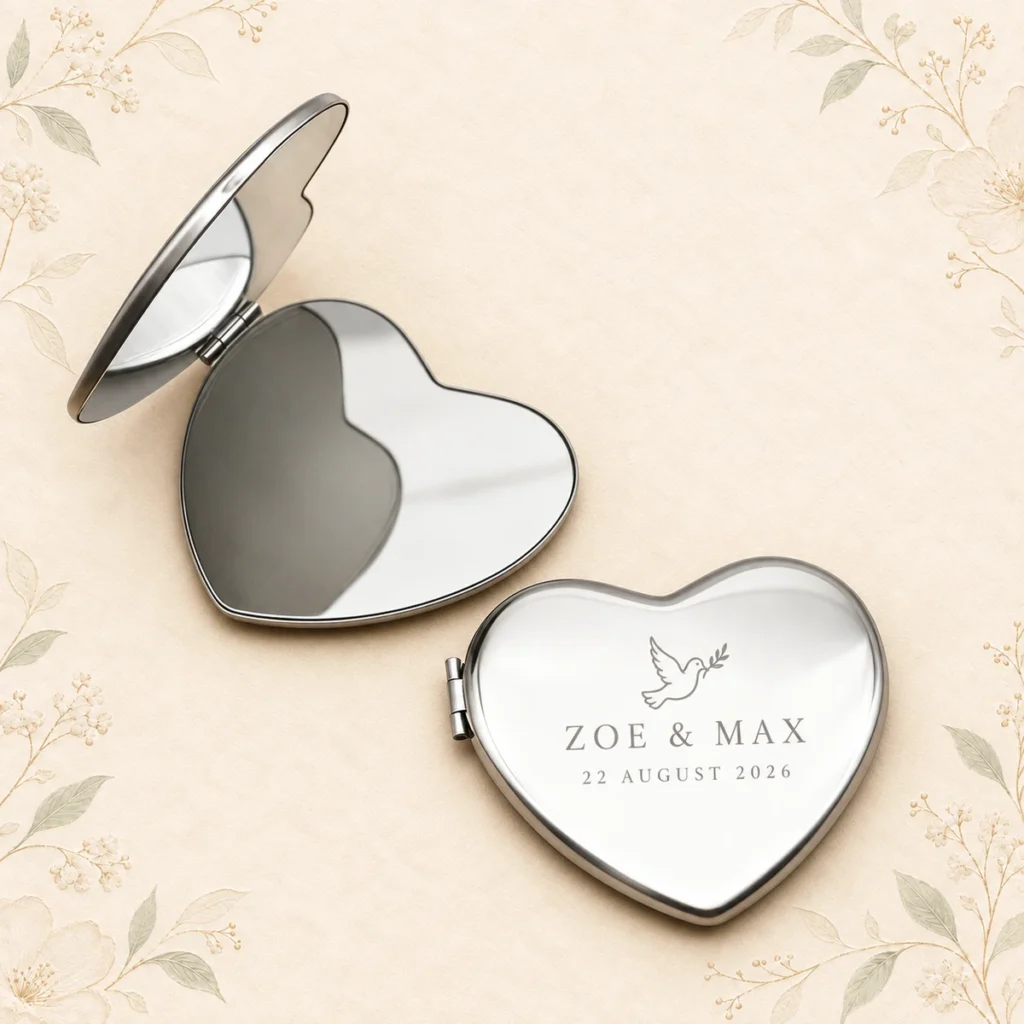 Heart compact mirror for Zoe and Max dated 22 August 2026