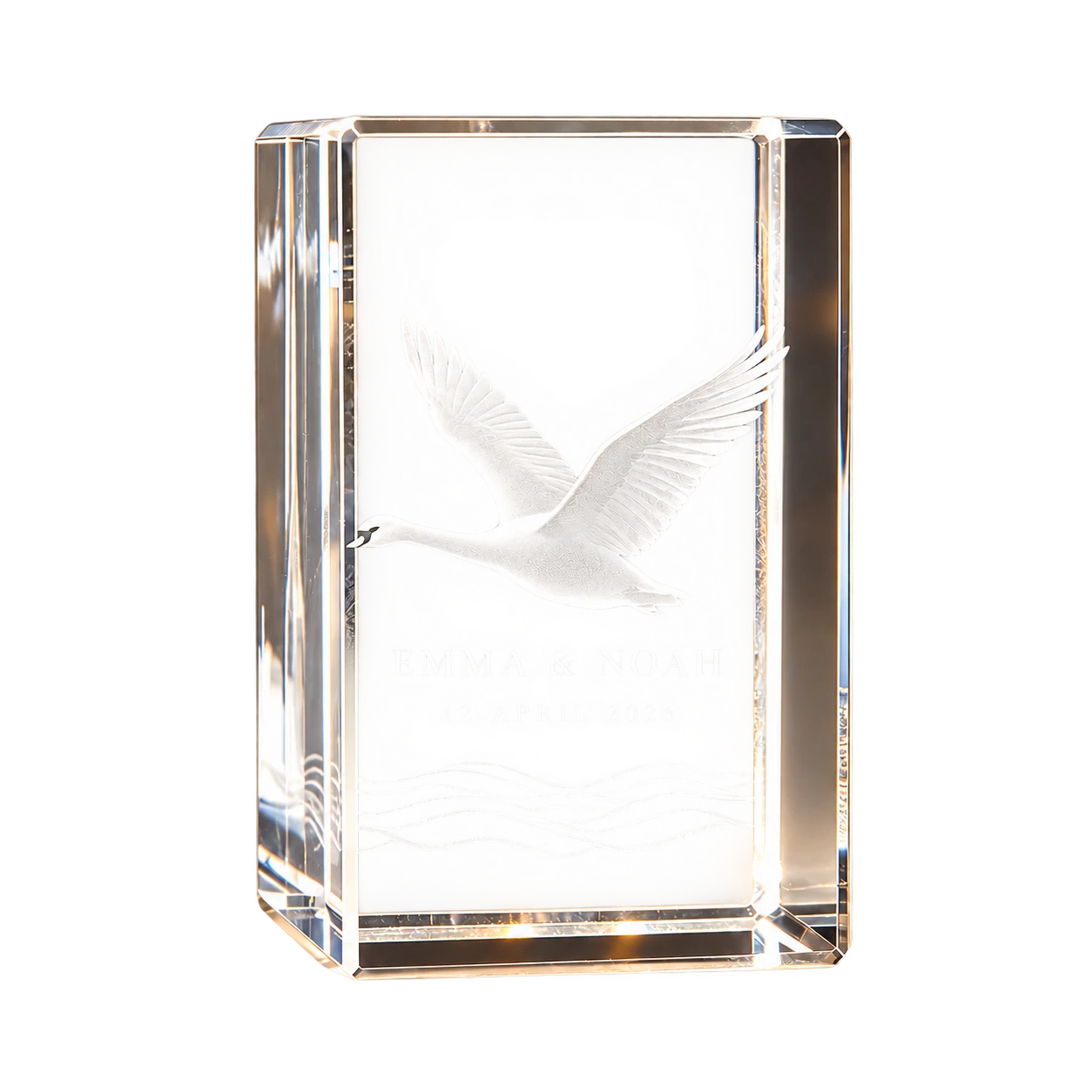 Warm white swan crystal favor for Emma and Noah dated 12 April 2026