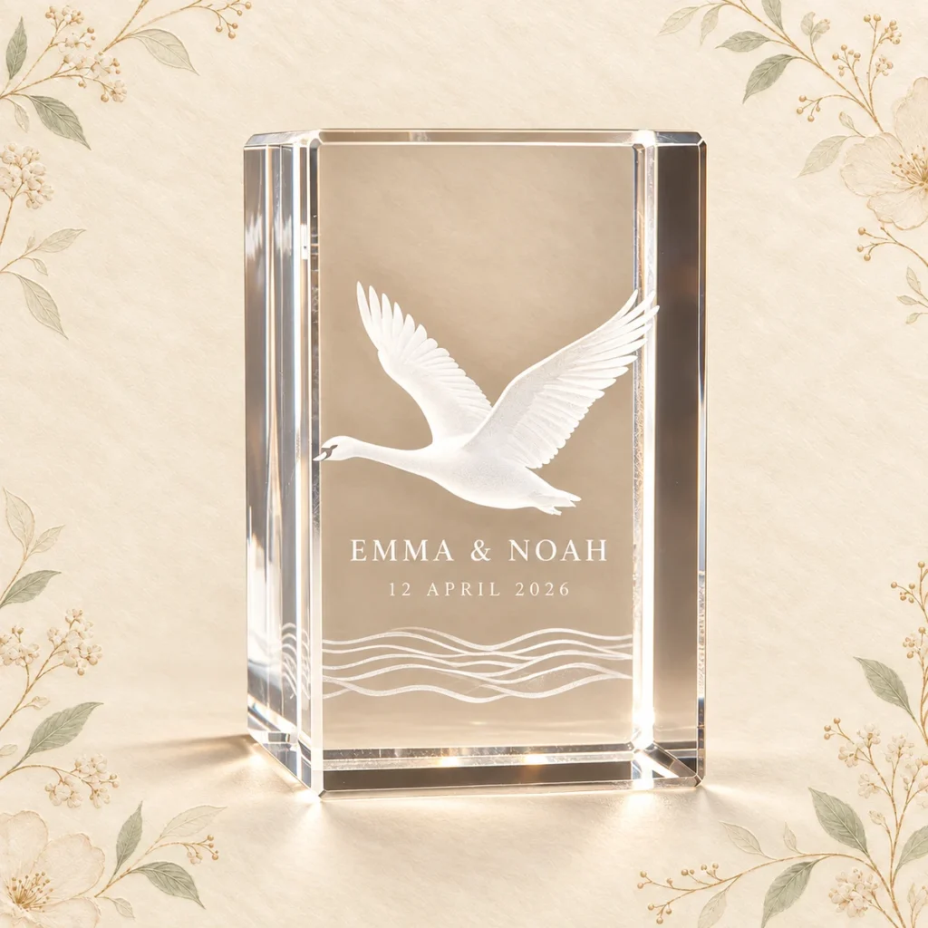 Warm white swan crystal favor for Emma and Noah dated 12 April 2026