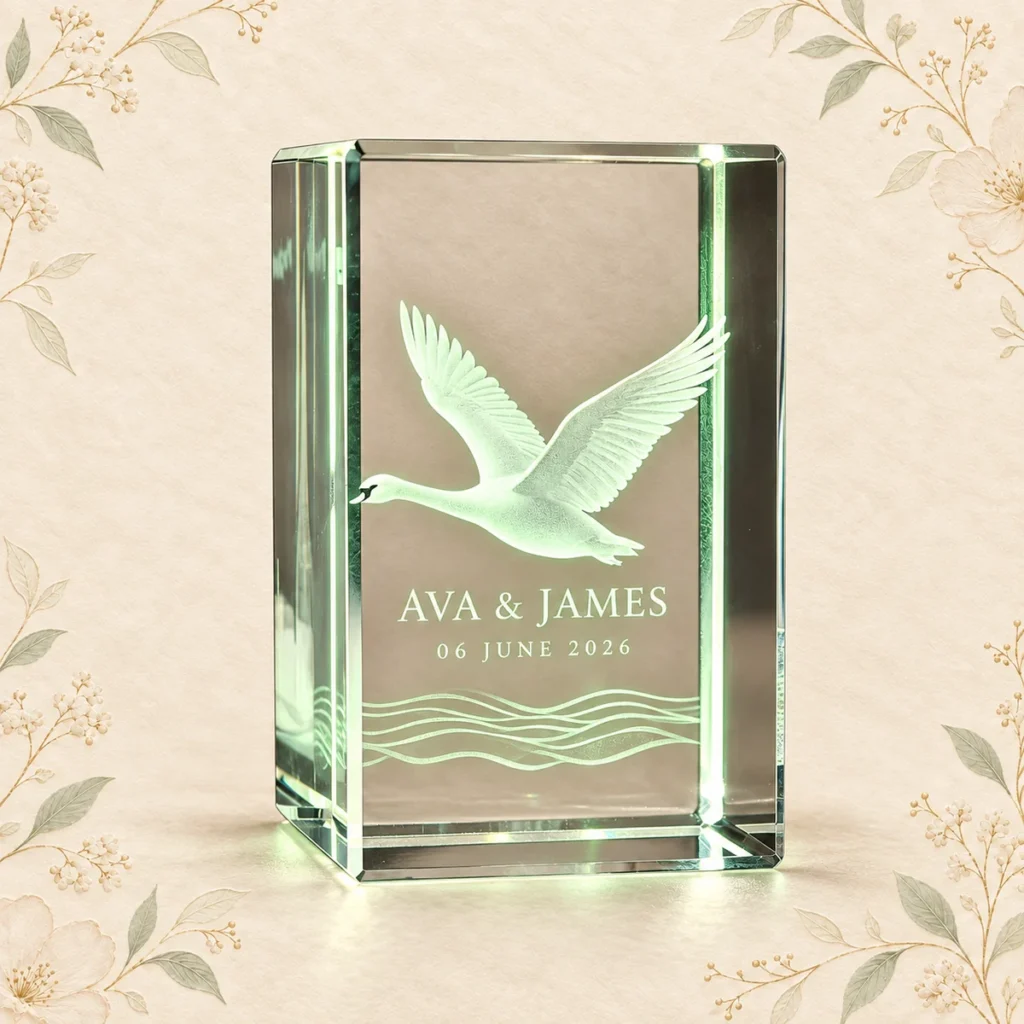 Sage swan crystal favor for Ava and James dated 6 June 2026