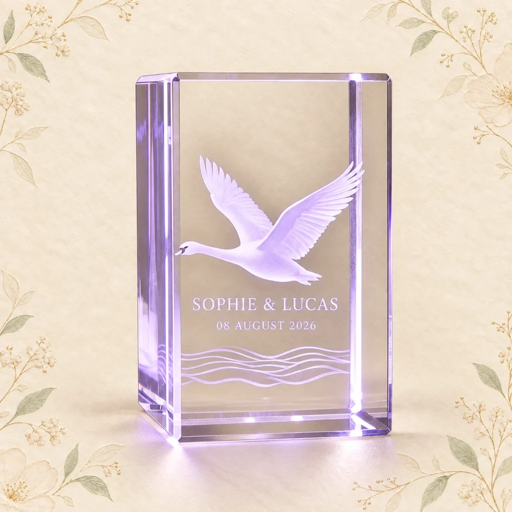 Lavender swan crystal favor for Sophie and Lucas dated 8 August 2026