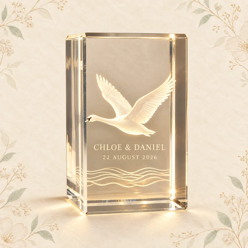 Champagne swan crystal favor for Chloe and Daniel dated 22 August 2026