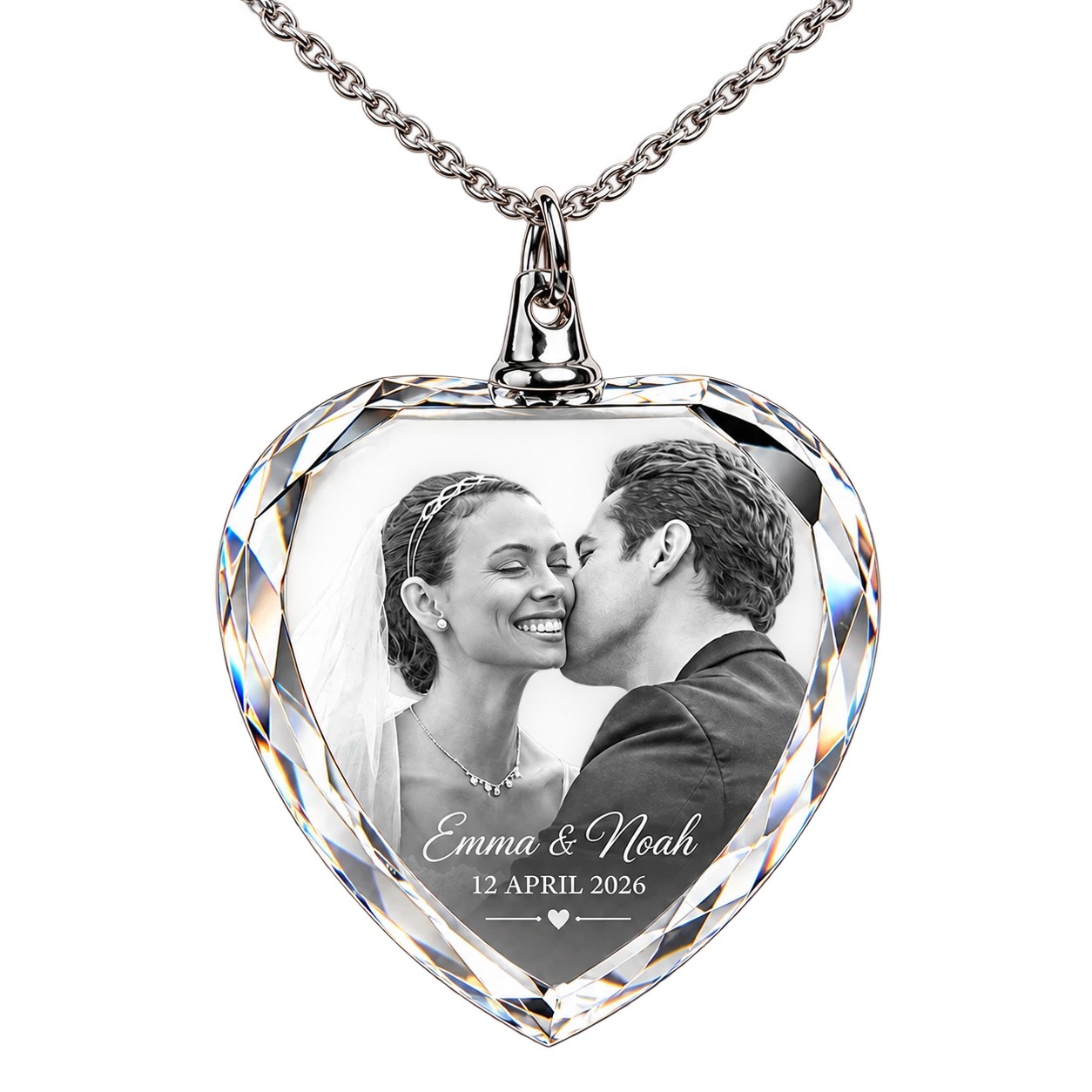 K9 crystal photo necklace for Emma and Noah dated 12 April 2026