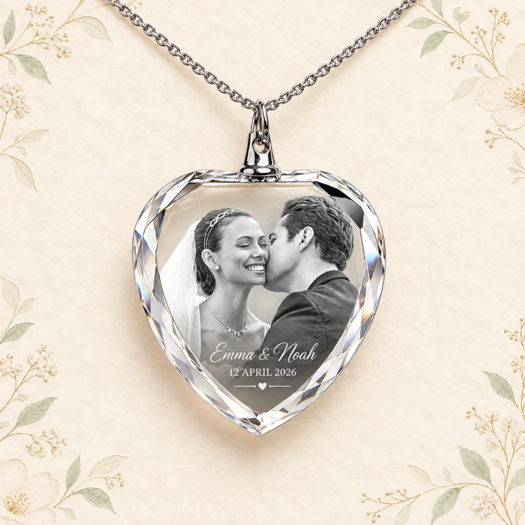 K9 crystal photo necklace for Emma and Noah dated 12 April 2026