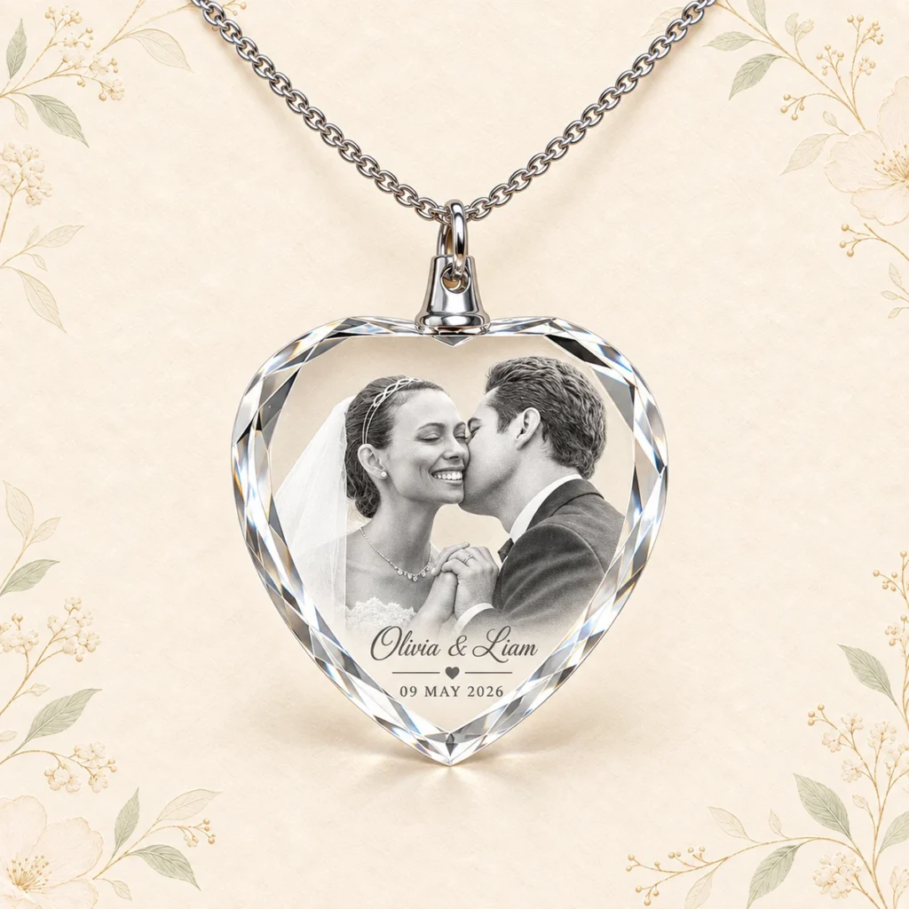 K9 crystal photo necklace for Olivia and Liam dated 9 May 2026