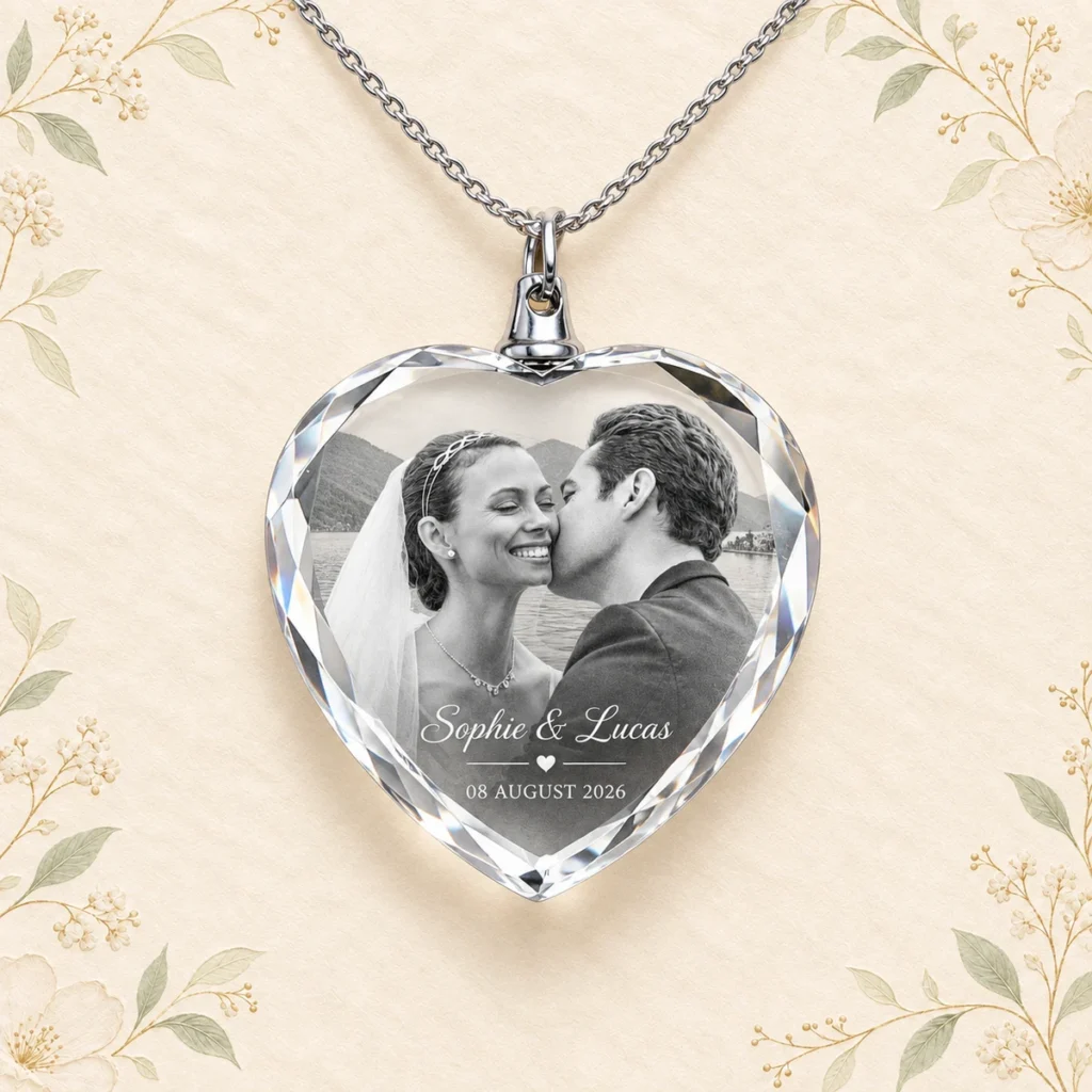 K9 crystal photo necklace for Sophie and Lucas dated 8 August 2026