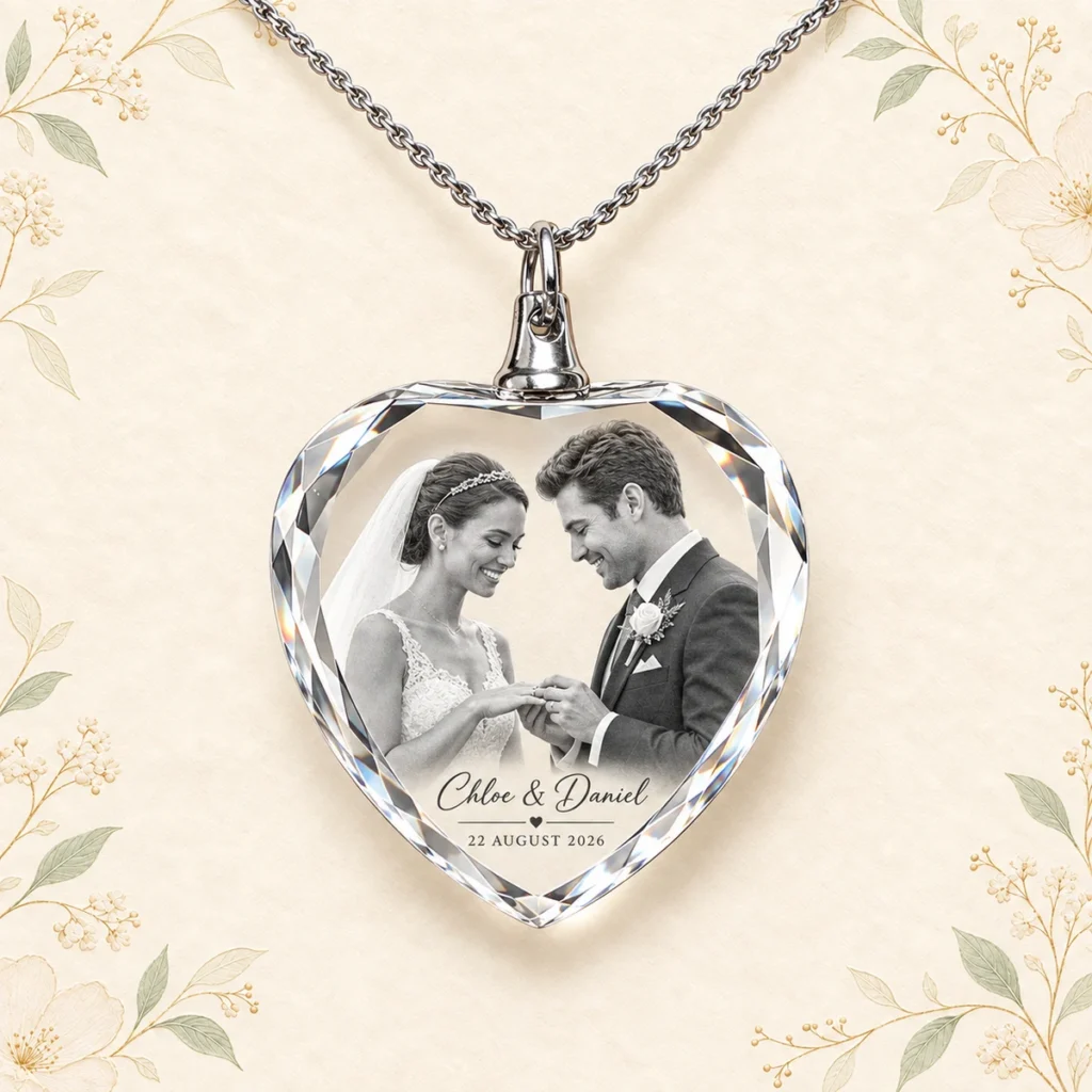 K9 crystal photo necklace for Chloe and Daniel dated 22 August 2026