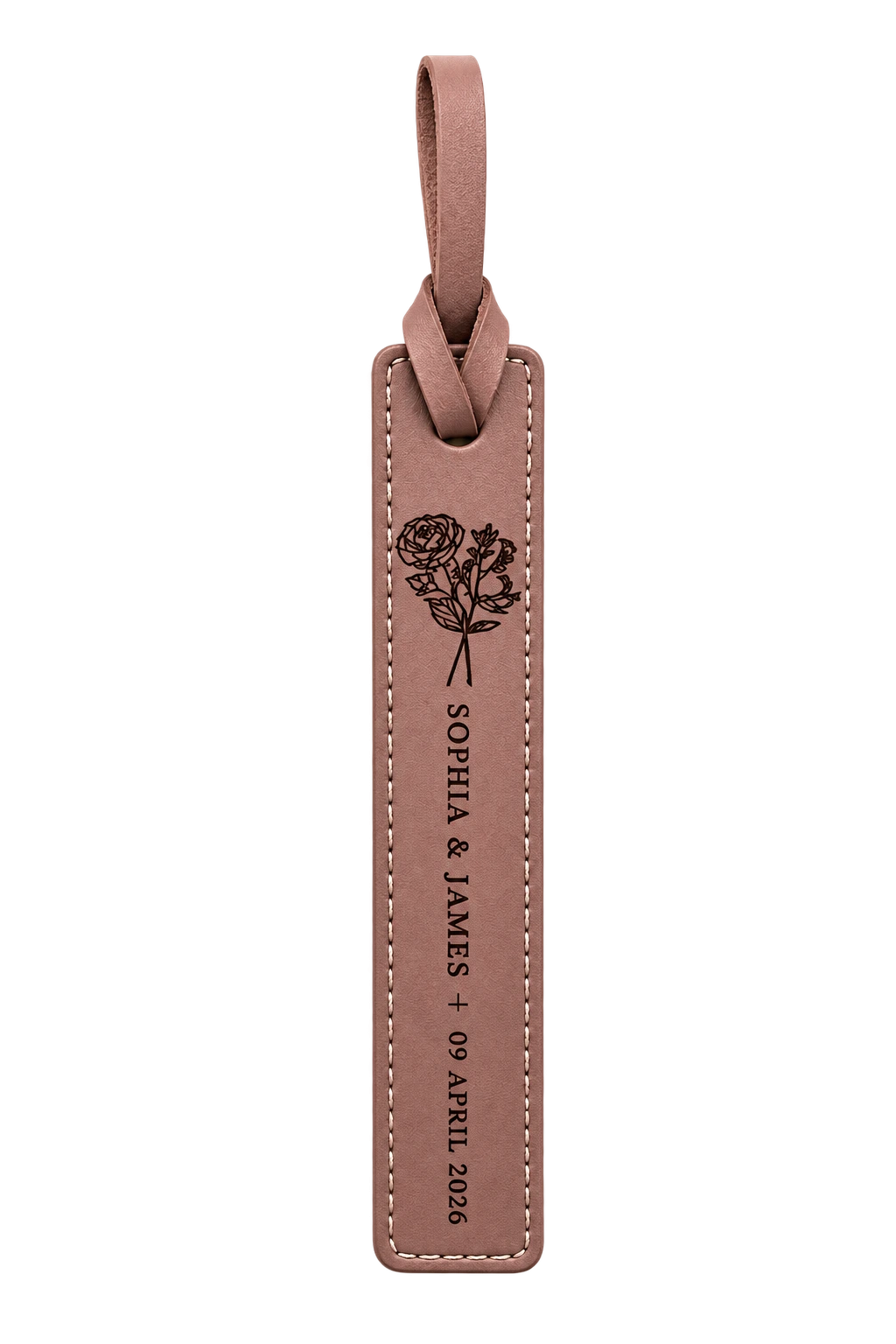 Dusty rose leather bookmark for Sophia and James dated 14 February 2026