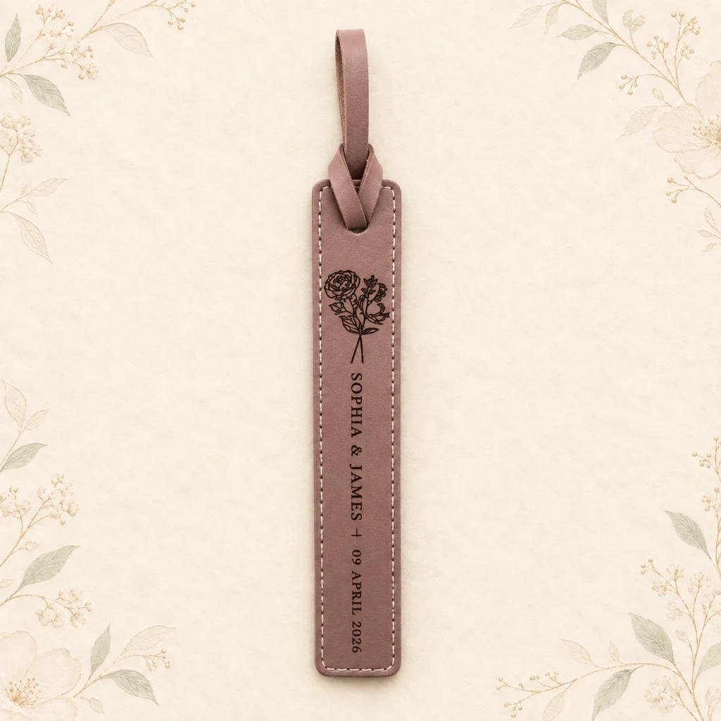 Dusty rose leather bookmark for Sophia and James dated 14 February 2026
