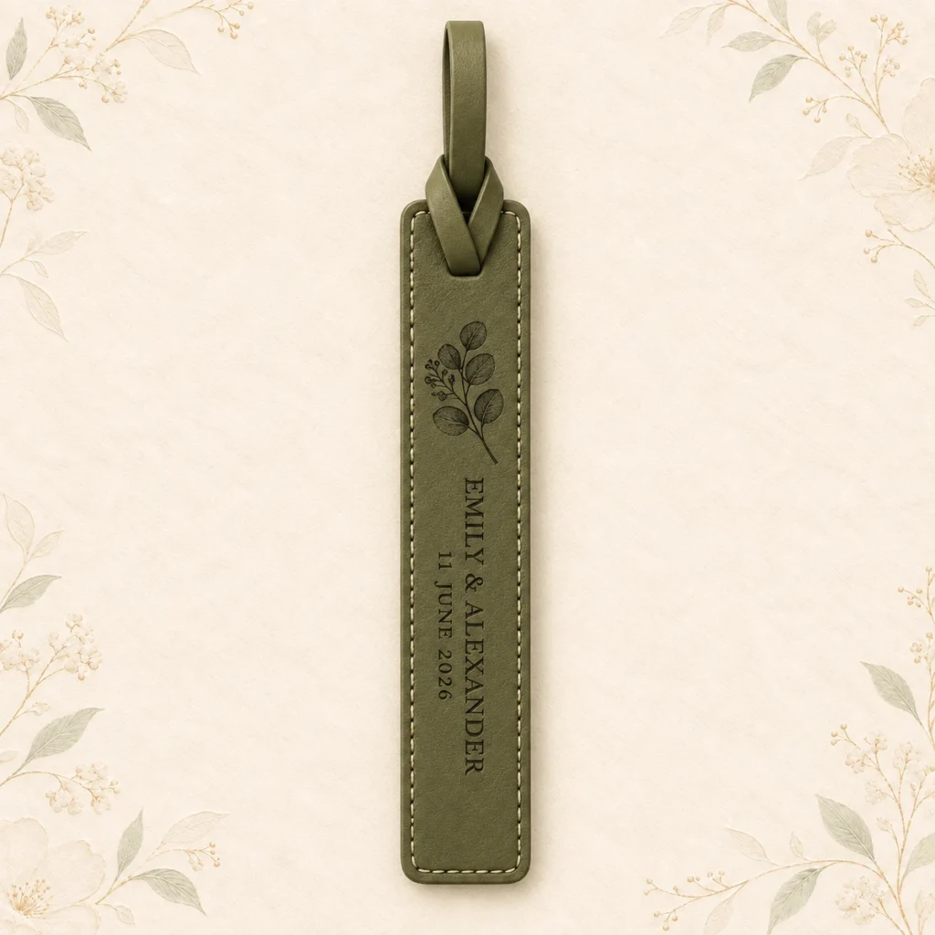 Olive leather bookmark for Emily and Alexander dated 18 April 2026