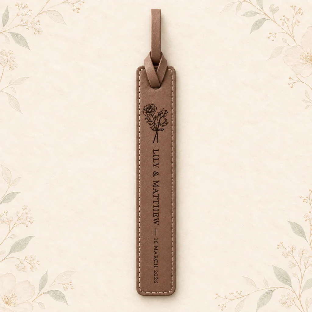 Taupe leather bookmark for Lily and Matthew dated 16 May 2026