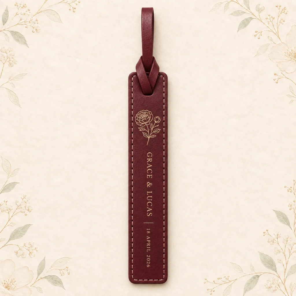 Burgundy leather bookmark for Grace and Lucas dated 12 July 2026