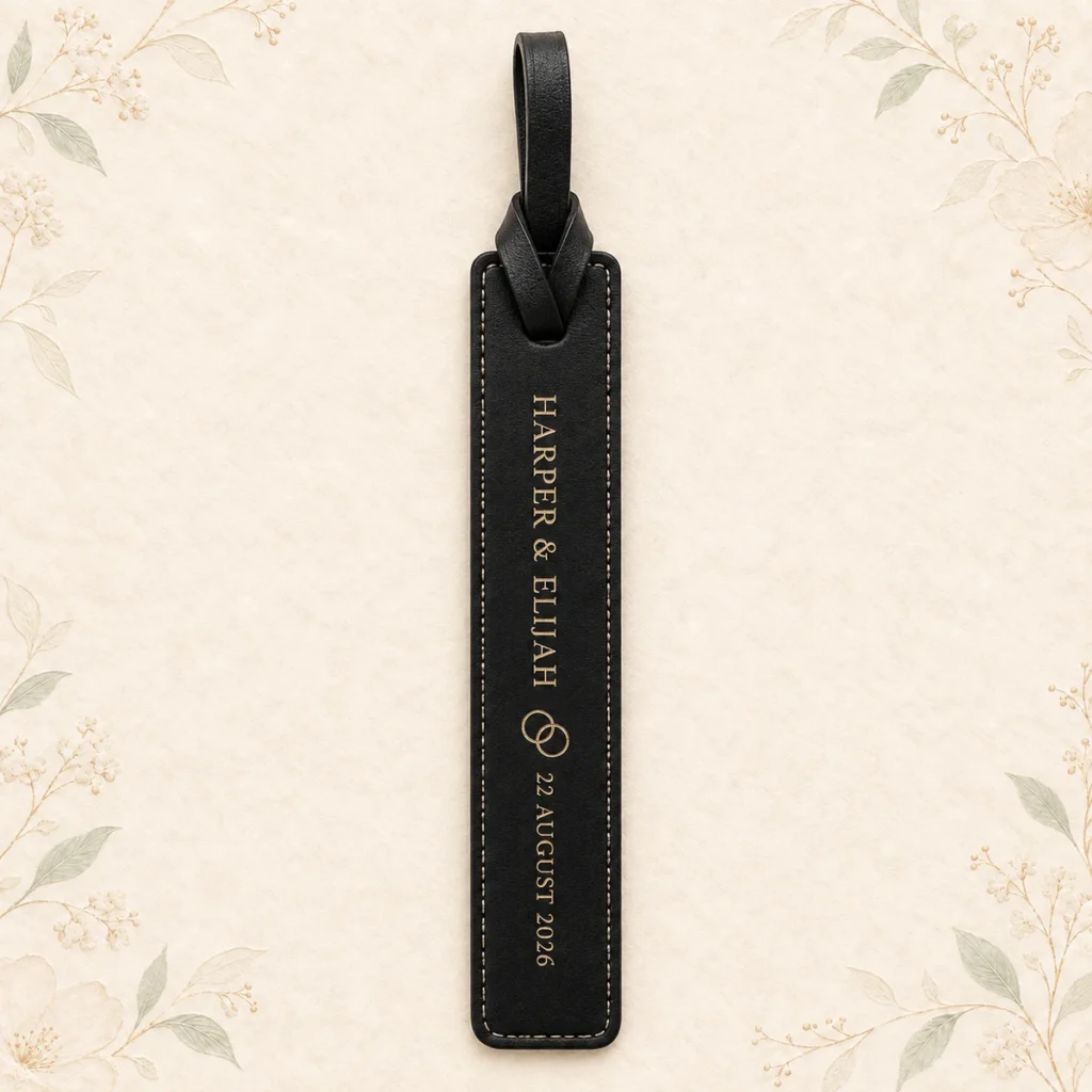 Black leather bookmark for Harper and Elijah dated 21 August 2026