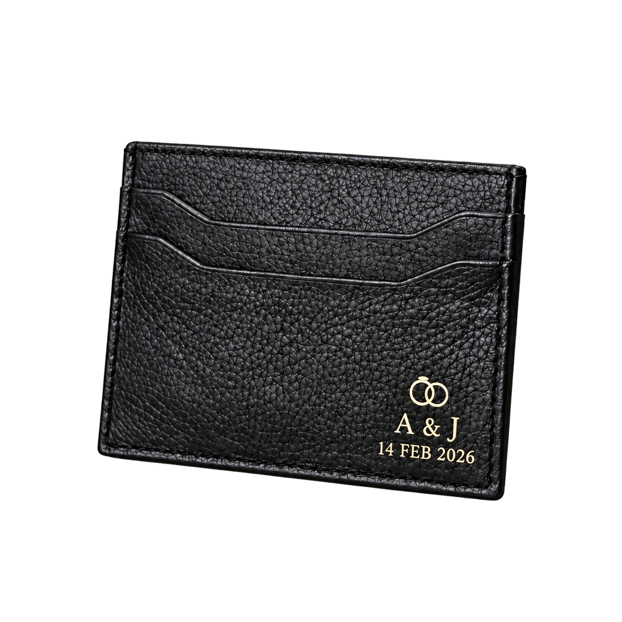 Black leather wedding card wallet with ring monogram and date