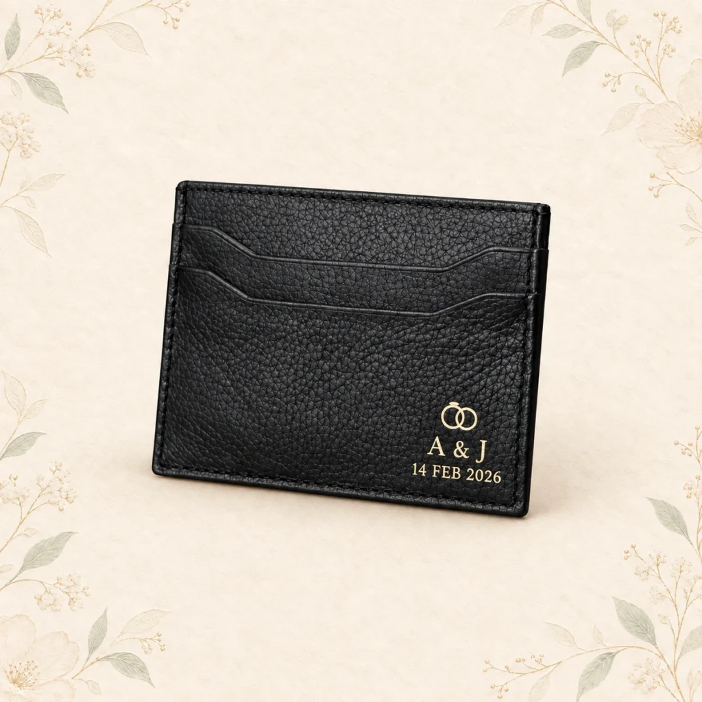 Black leather wedding card wallet with ring monogram and date