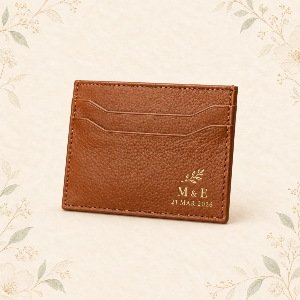 Tan leather wedding card wallet with botanical monogram and date