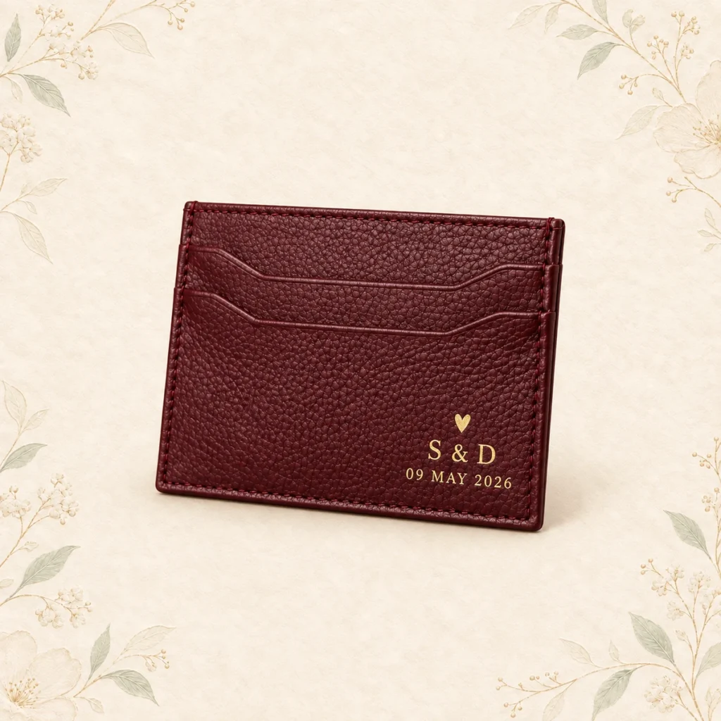 Burgundy leather wedding card wallet with heart initials and date