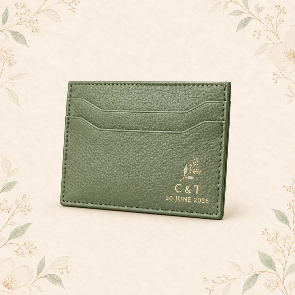 Sage leather wedding card wallet with leaf initials and date