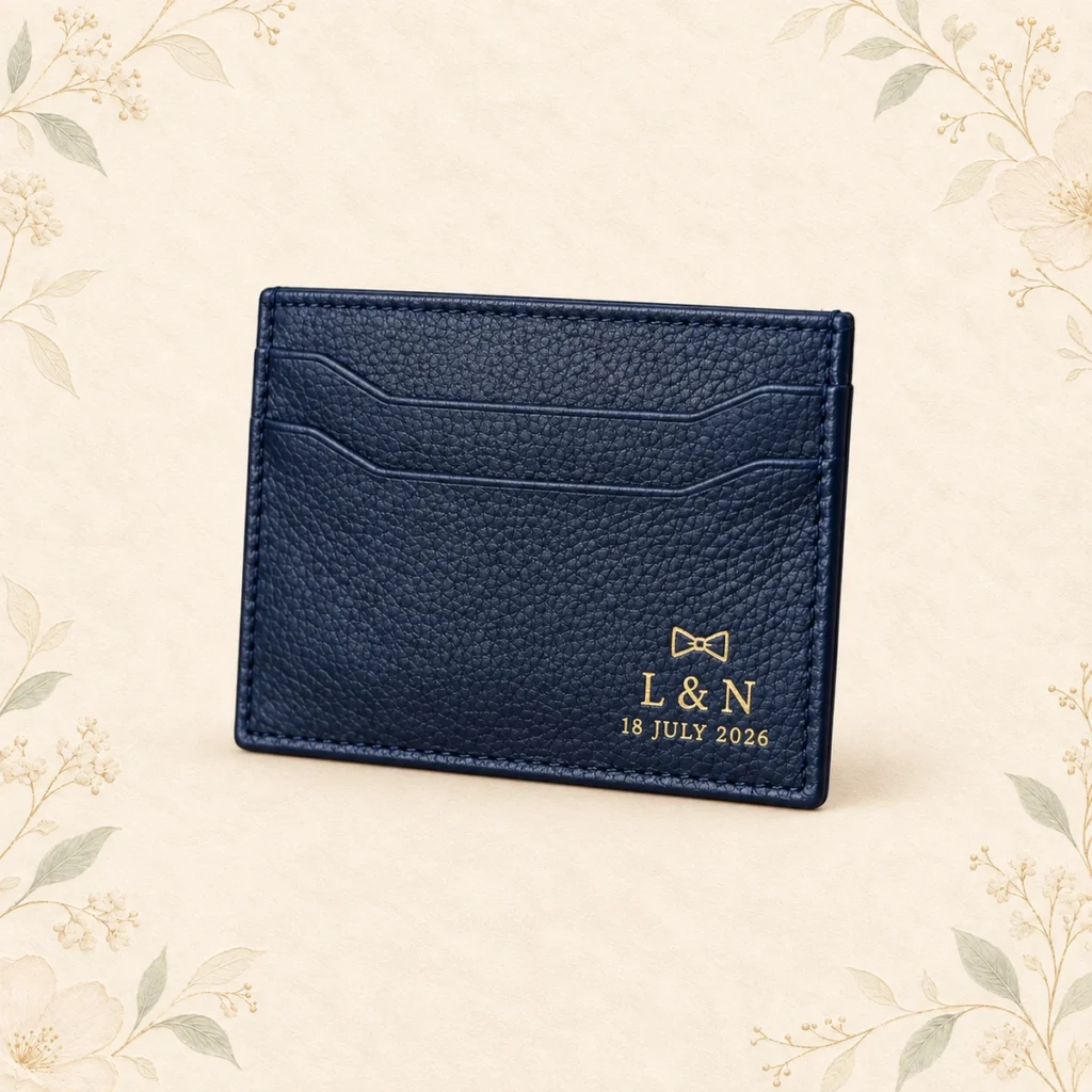 Navy leather wedding card wallet with bow initials and date