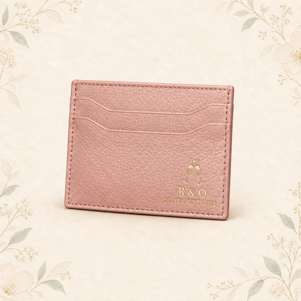 Blush leather wedding card wallet with champagne initials and date