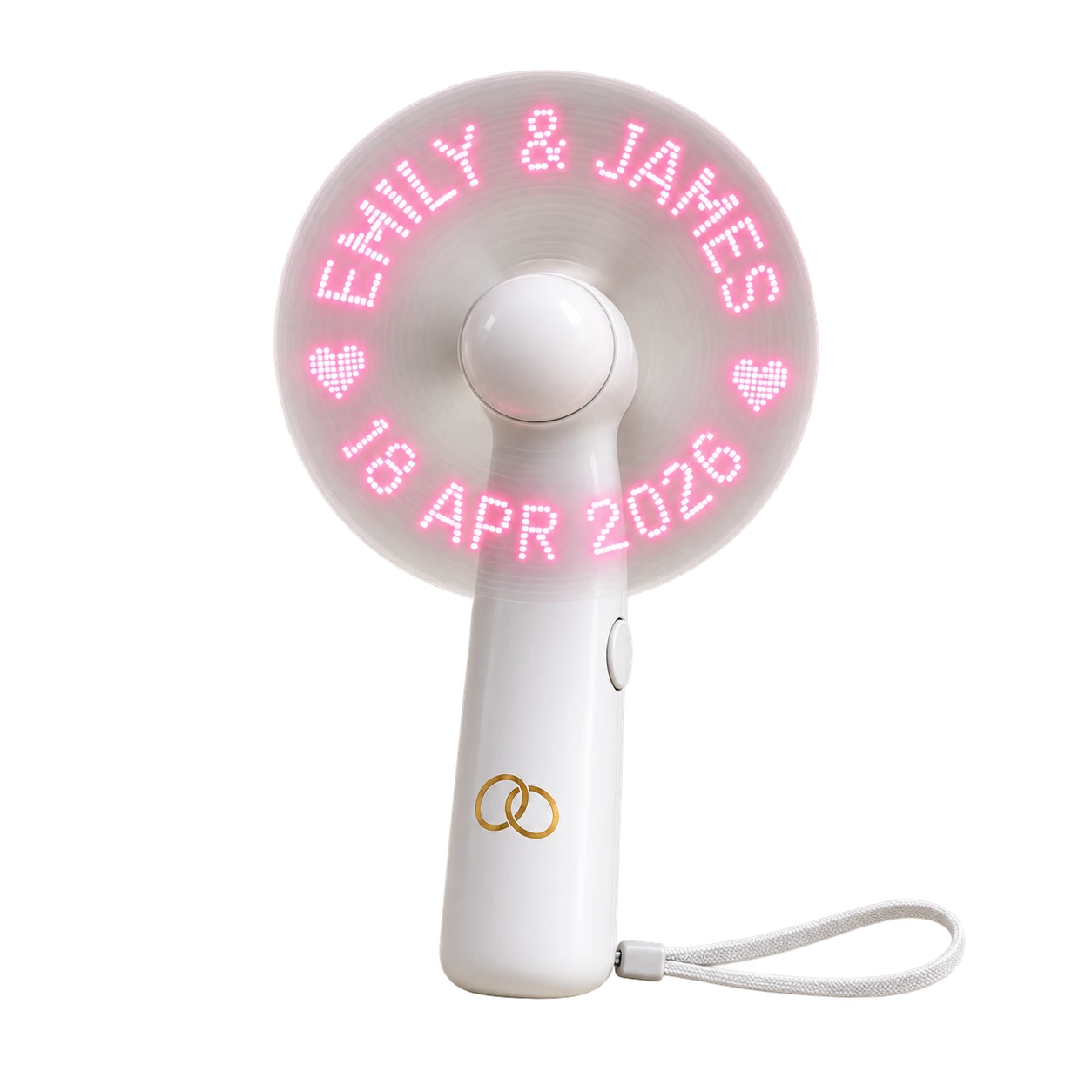 Blush LED fan for Emily and James dated 18 April 2026