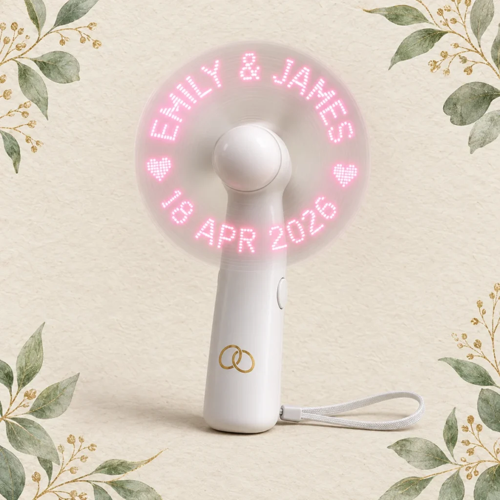 Blush LED fan for Emily and James dated 18 April 2026