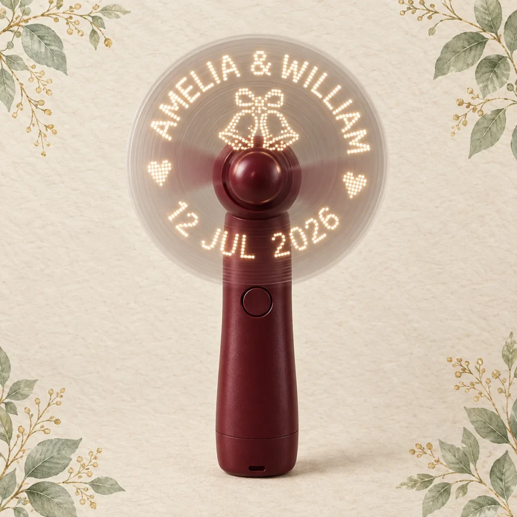 Burgundy LED fan for Amelia and William dated 12 July 2026