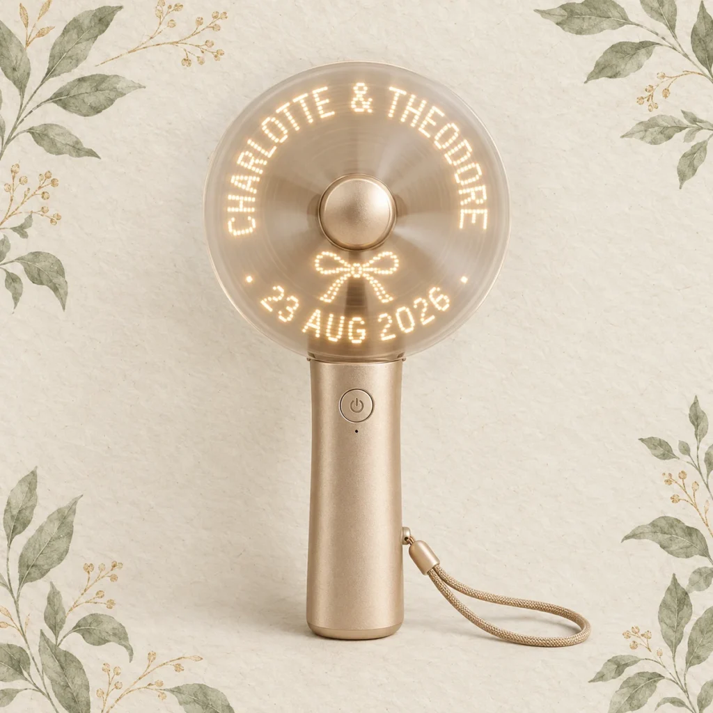 Gold LED fan for Charlotte and Theodore dated 23 August 2026