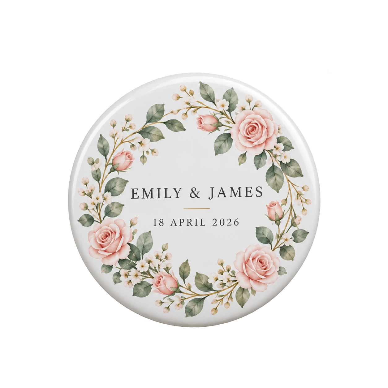 Personalized round magnetic wedding bottle opener with floral detail