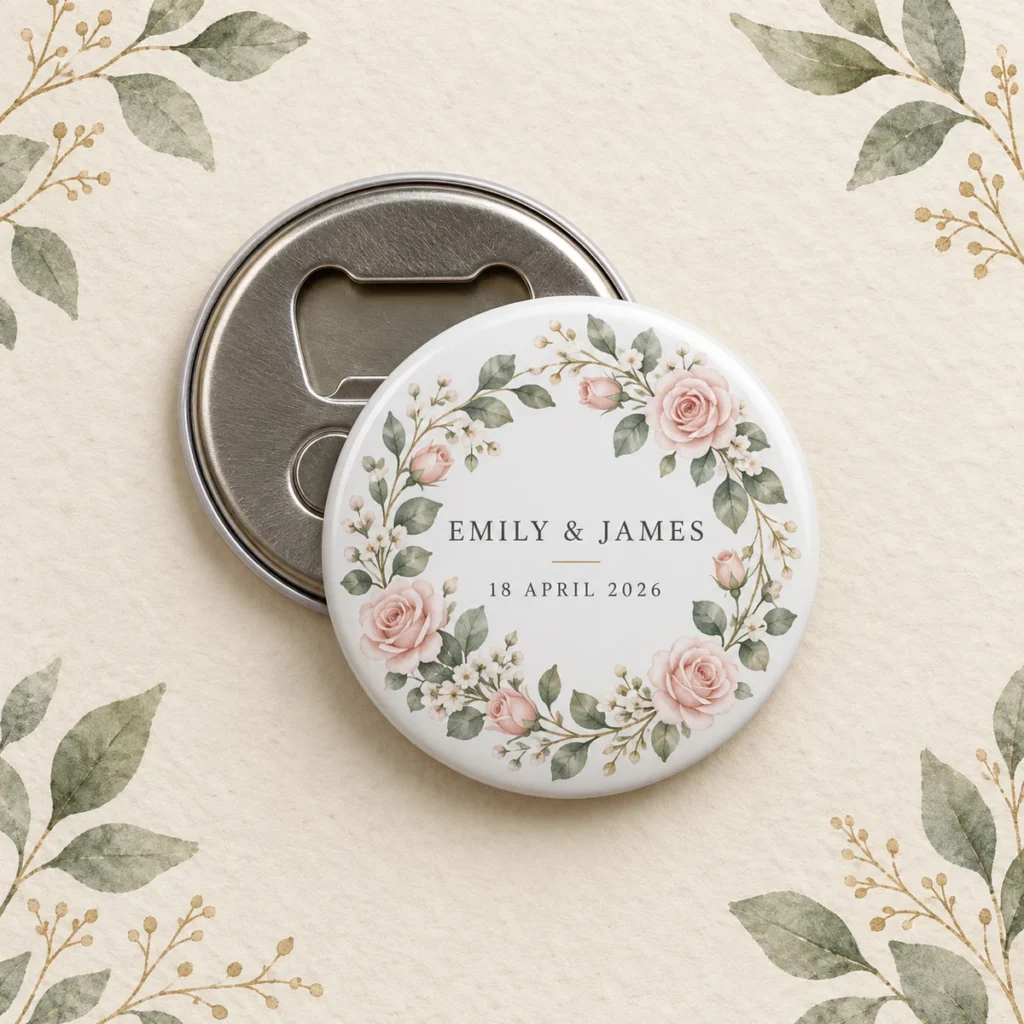 Blush rose magnetic opener for Emily and James dated 18 April 2026