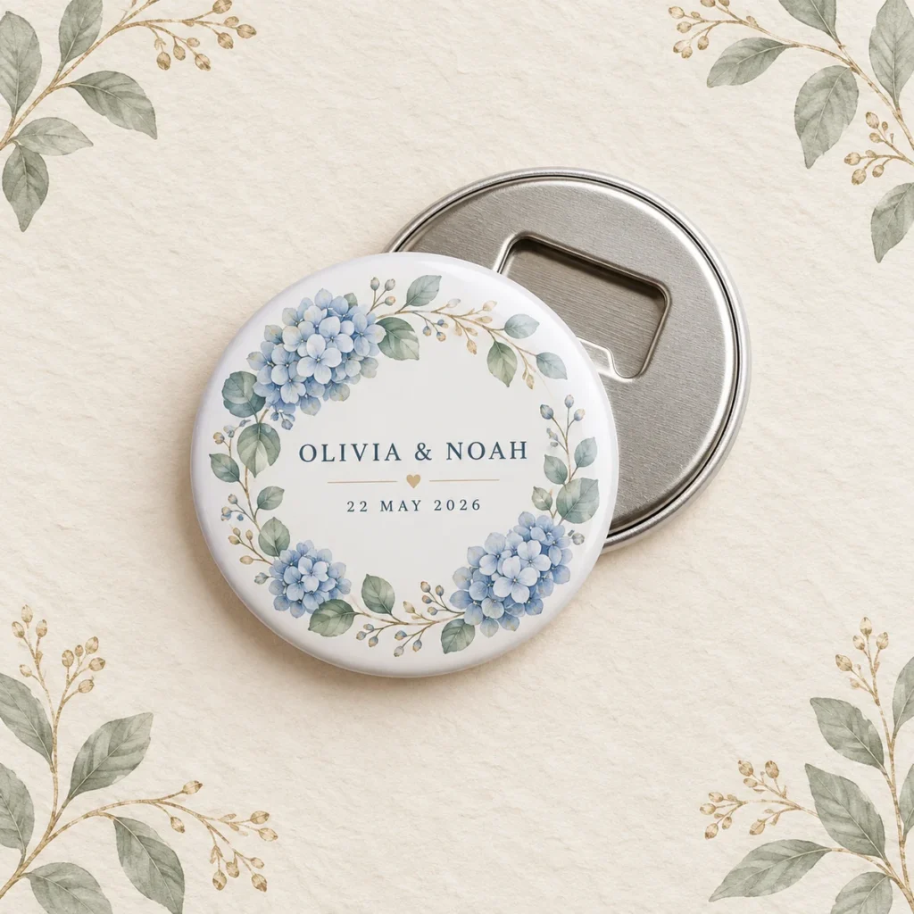 Blue hydrangea magnetic opener for Olivia and Noah dated 22 May 2026