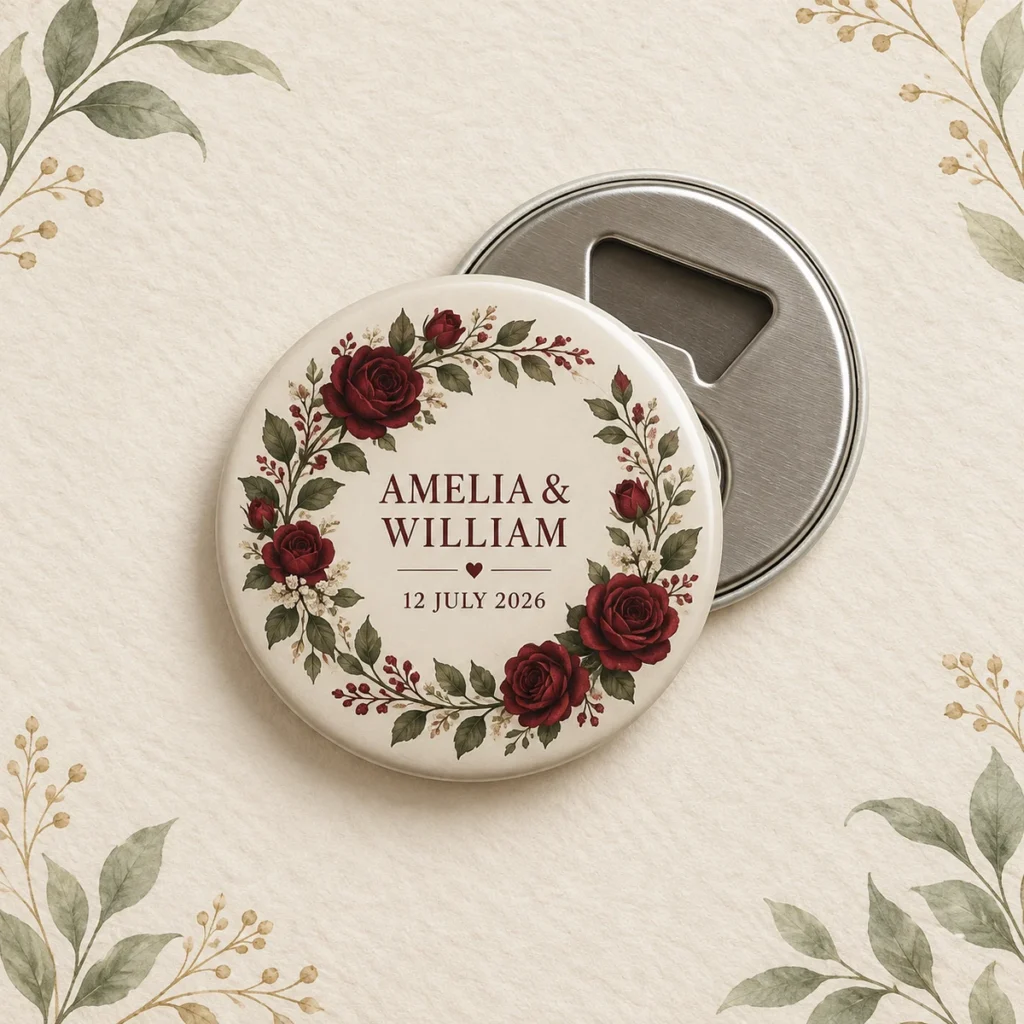 Burgundy rose magnetic opener for Amelia and William dated 12 July 2026