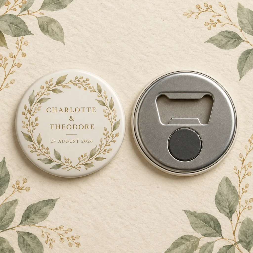 Front and reverse of a champagne botanical magnetic opener for Charlotte and Theodore