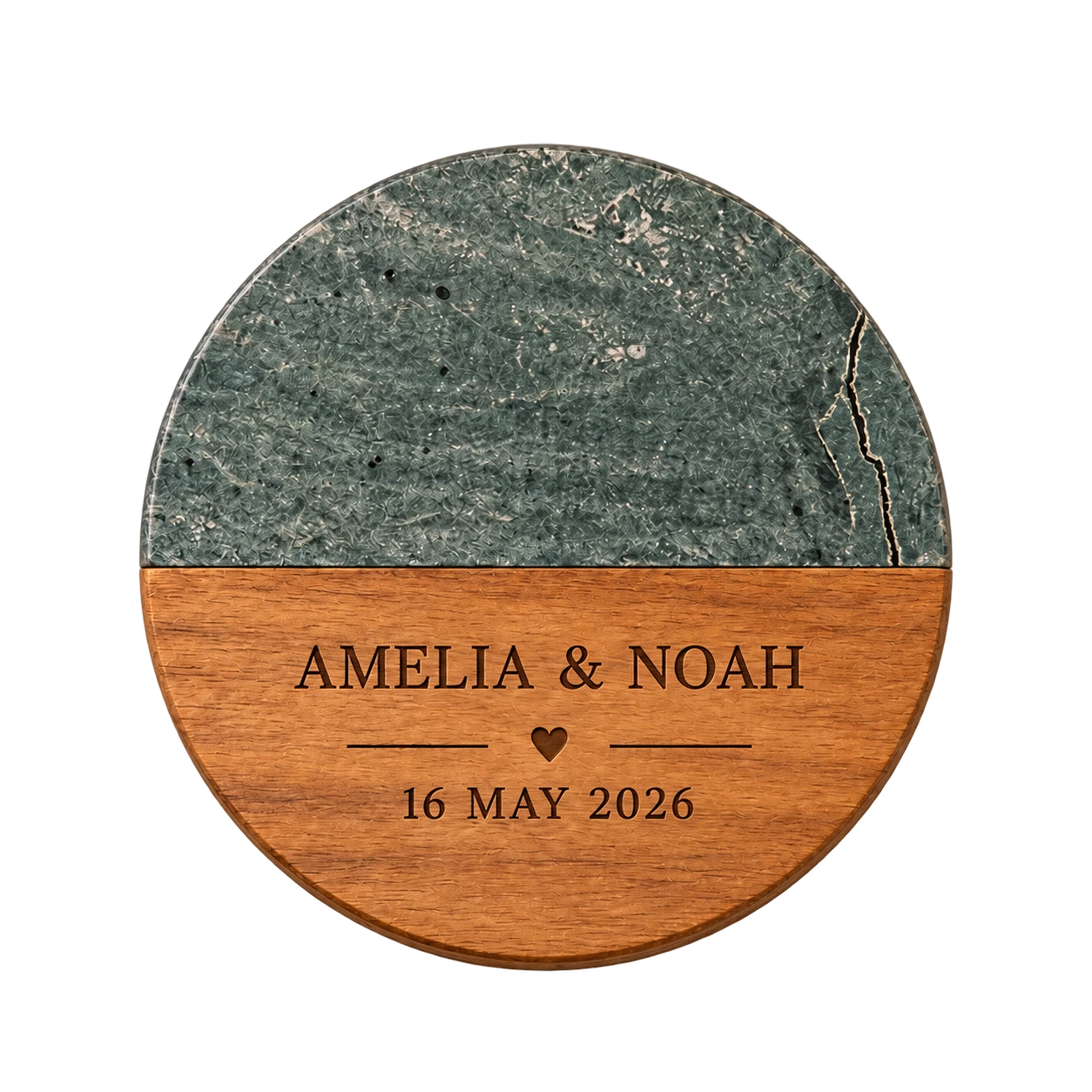 Green marble and wood coaster for Amelia and Noah dated 16 May 2026