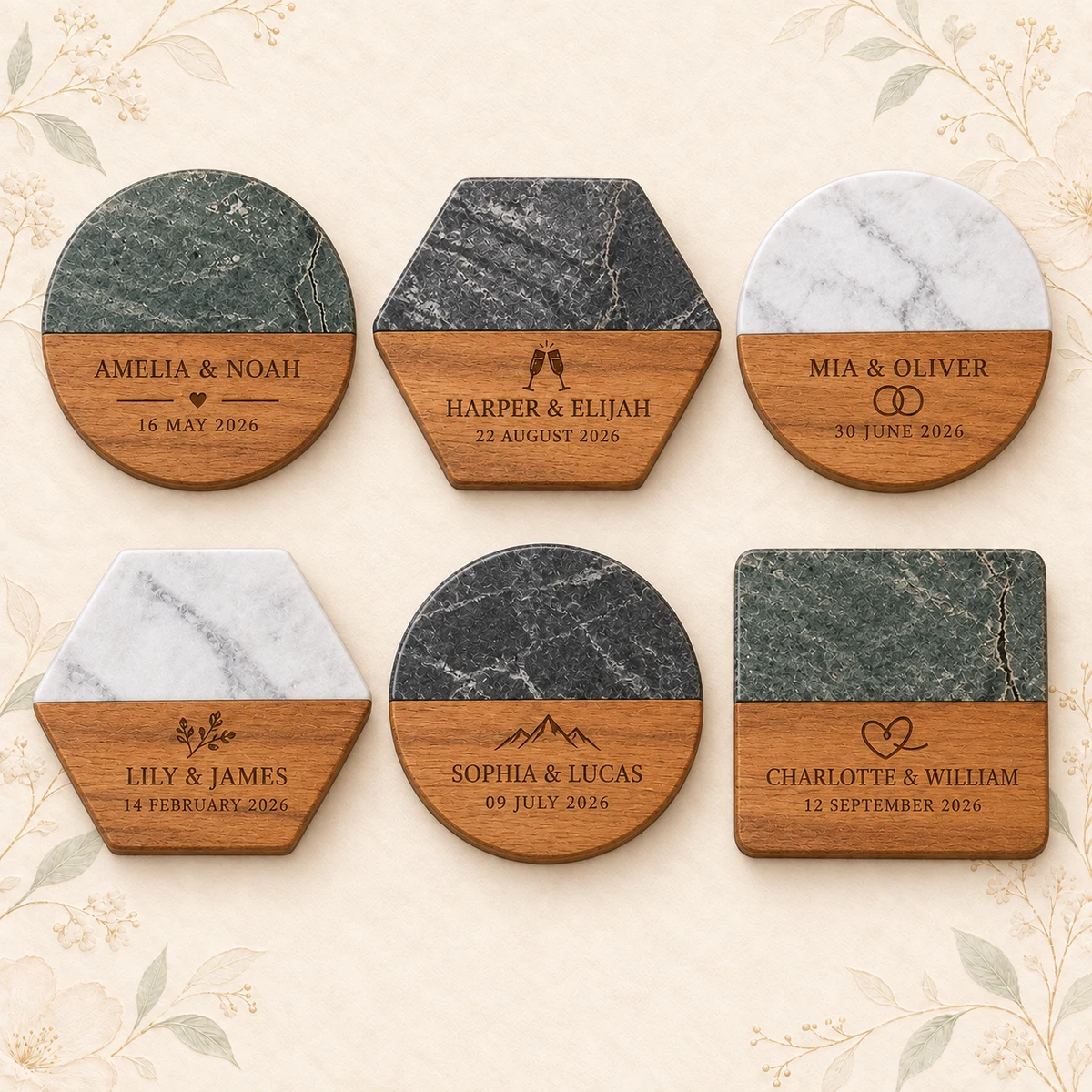 Personalized Marble and Wood Wedding Coaster product collection