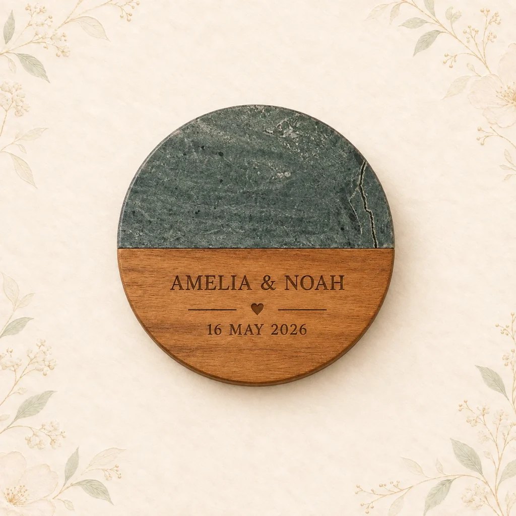 Green marble and wood coaster for Amelia and Noah dated 16 May 2026