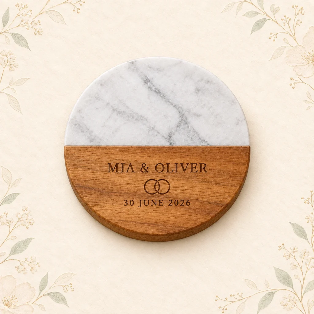 White marble and wood coaster for Mia and Oliver dated 30 June 2026