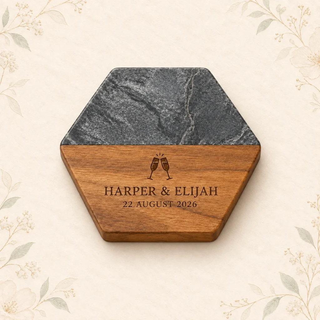 Gray marble and wood hexagon coaster for Harper and Elijah dated 22 August 2026