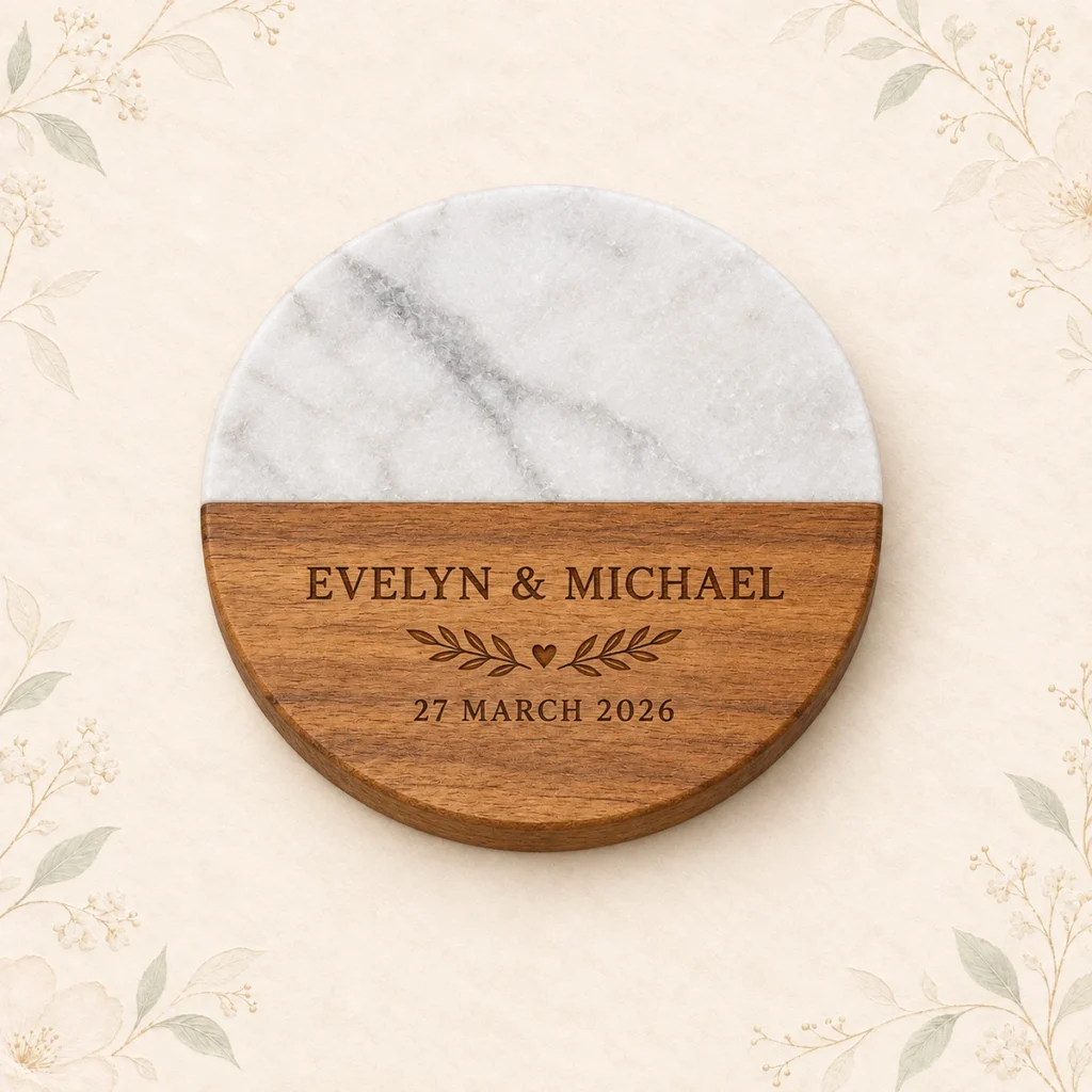 White marble and wood coaster for Evelyn and Michael dated 27 March 2026