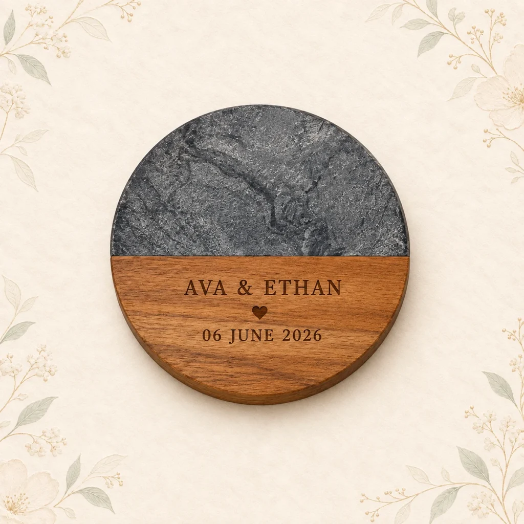 Charcoal marble and wood coaster for Ava and Ethan dated 6 June 2026