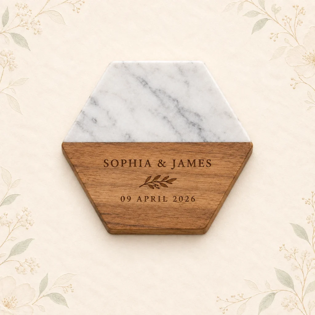 White marble and wood hexagon coaster for Sophia and James dated 9 April 2026