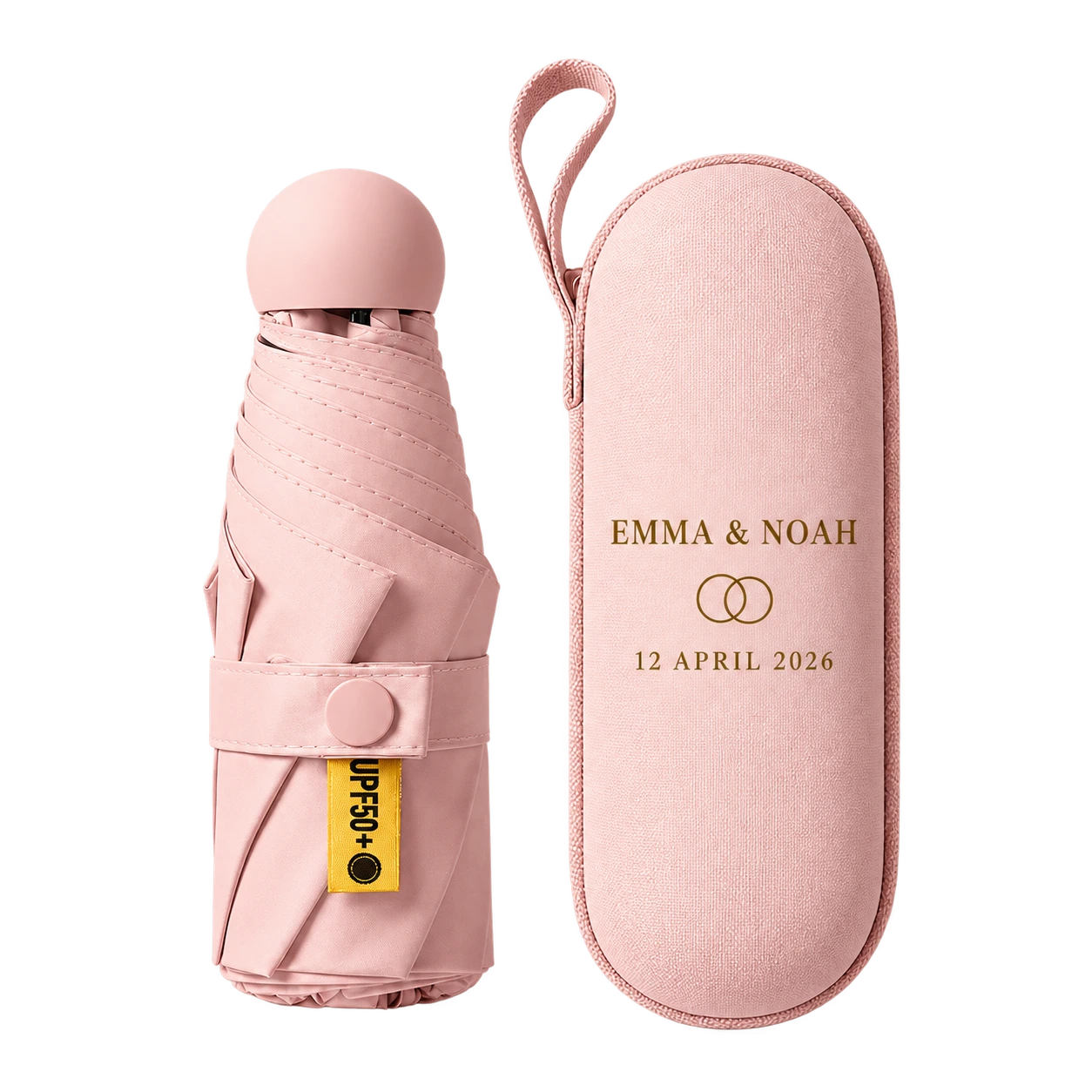 Blush mini wedding umbrella and case for Emma and Noah