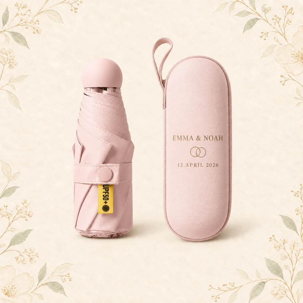 Blush mini wedding umbrella and case for Emma and Noah