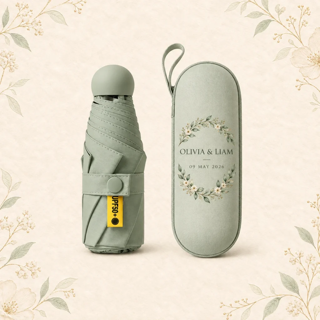Sage mini wedding umbrella and case for Olivia and Liam